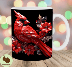 3D Red Cardinal Bird Flowers Mug Wrap, 11oz And 15oz Mug Template, Mug Sublimation Design, Mug Wrap Template, Instant Di