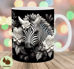 3D Zebra White Flowers Mug Wrap, 11oz And 15oz Mug Template, Mug Sublimation Design, Mug Wrap Template, Instant Digital