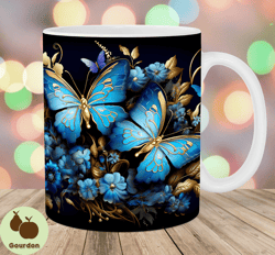 Gold Blue Butterflies Mug Wrap, 11oz  15oz Mug Template, Mug Sublimation Design, Flower Mug Wrap Template, Instant Digit