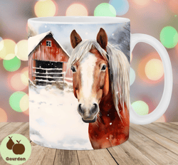 Horse Mug Wrap, 11oz And 15oz Mug Template, Red Barn Mug Sublimation Design, Snow Winter Mug Wrap Template, Instant Digi
