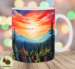 Mountain Forest Landscape Mug Wrap, 11oz  15oz Mug Template, Mug Sublimation Design, Colorful Sunset Mug Wrap, Instant D