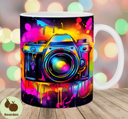 neon colorful photo camera mug wrap, 11oz and 15oz mug template, mug sublimation design, mug wrap template, instant digi