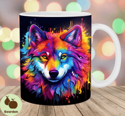 Neon Colorful Rainbow Wolf Mug Wrap, 11oz  15oz Mug Template, Mug Sublimation Design, Mug Wrap Template, Instant Digital
