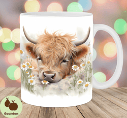 Sleeping Highland Cow Mug Wrap, 11oz And 15oz Mug Template, Mug Sublimation Design, Flowers Mug Wrap Template, Instant D