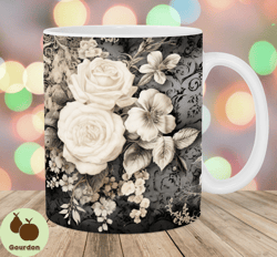 Vintage Black White Flowers Mug Wrap, 11oz And 15oz Mug Template, Mug Sublimation Design, Mug Wrap Template, Instant Dig