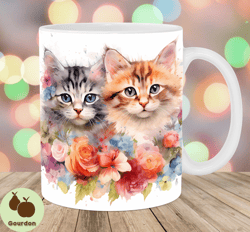 Watercolor Flower Kittens Mug Wrap, 11oz And 15oz Mug Template, Mug Sublimation Design, Mug Wrap Template, Instant Digit