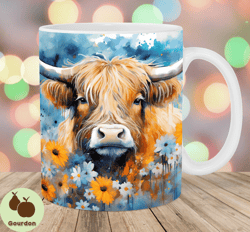Watercolor Highland Cow Mug Wrap, 11oz And 15oz Mug Template, Mug Sublimation Design, Flower Mug Wrap Template, Instant