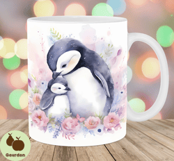 Watercolor Mum And Baby Penguin Mug Wrap, 11oz  15oz Mug Template, Mug Sublimation Design, Mug Wrap Template, Instant Di