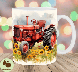 Watercolor Red Tractor 11oz  15oz Mug Template, Mug Sublimation Design, Sunflowers Mug Wrap Template, Instant Digital Do