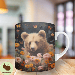3d bear colorful flowers butterfly mug png, 11oz and 15oz mug template, mug sublimation design, mug wrap template, insta