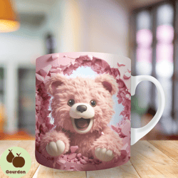 3D pink teddy bear Mug Wrap, 11oz And 15oz Mug Template, Mug Sublimation Design, Mug Wrap Template, Instant Digital Down