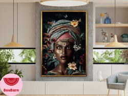 african beautiful woman painting, ethnic makeup, woman with flowers, ethnic poster, wall art canvas design, framed ready
