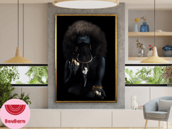 african woman canvas painting, black woman canvas print, ethnic woman art, gold jewelry wall art canvas design, framed c
