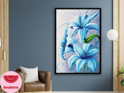 blue flowers canvas art, flower canvas painting, large wall art, flower poster, wall art canvas design, framed canvas re
