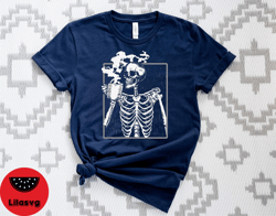 Skeleton Coffee Shirt, Coffee Lovers Funny Skeleton Shirt, Skeleton with Hot Coffee Shirt, Coffee Addict Tee, Halloween