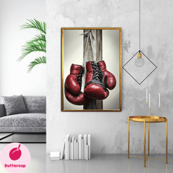 boxing gloves hanging on the board canvas painting, red boxing gloves ready to hang on the wall canvas painting, canvas