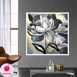 gray flower canvas painting , gold embroidered wall decor , flower painting art , gold leaf flower canvas paint decor ,