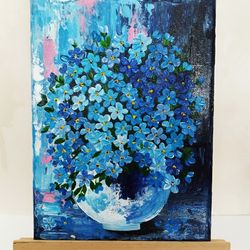 Bouquet Art: Blue Floral Canvas Wall Art | Forget Me Not Acrylic Painting