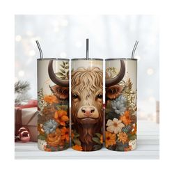 Highland Cow 20oz Skinny Tumbler Png, Highland Cow Flowers Tumbler