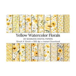 20 Yellow Watercolor Floral Printable Paper Seamless Shabby Chic Instant Digital Download