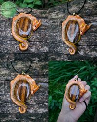 Chinese Deagon pendant with stone - Dragon pendant - Dragon eye - gothic amulet - dragon horns - Creature Sculpture -