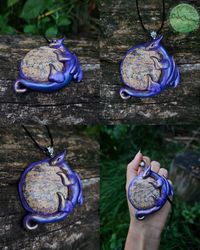 Purple Deagon pendant with stone - Dragon pendant - Dragon eye - gothic amulet - dragon horns - Creature Sculpture -