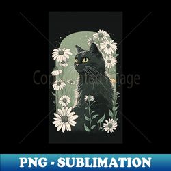 Cute Daisy Flower Floral Aesthetic Black Cat Sage Green - Premium Sublimation Digital Download - Enhance Your Apparel with Stunning Detail