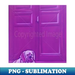 Dog in front of purple door - Signature Sublimation PNG File - Enhance Your Apparel with Stunning Detail