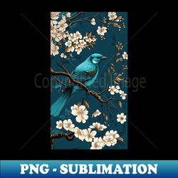 Cherry Flowers Floral Blossom Tree Bird Branches Blue - Special Edition Sublimation PNG File - Vibrant and Eye-Catching Typography