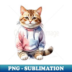 Whisker Wonders Playful Watercolor Cat wearing Hoodie Sporting a Mischievous Smile - Unique Sublimation PNG Download - Spice Up Your Sublimation Projects