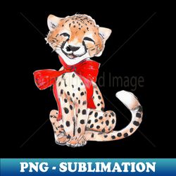 Watercolor Cute Funny Baby Cheetah with a Red Bow - Modern Sublimation PNG File - Create with Confidence