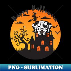 Dalmatian Dog Head with Haunted Mansion and Happy Halloween Sign - Retro PNG Sublimation Digital Download - Transform Your Sublimation Creations