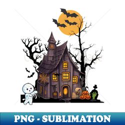 spooky abandoned house in cemetery on halloween night - haunting art print - vintage sublimation png download - fashionable and fearless