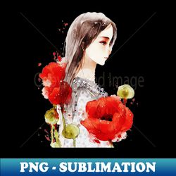 Japanese Girl With Poppies in Watercolor - Professional Sublimation Digital Download - Unleash Your Inner Rebellion
