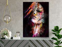 Abstract Girl Print Wall Art, Woman Artwork, Woman Portrait Canvas Painting, Colourful Woman Canvas Wall Art, Canvas Rea