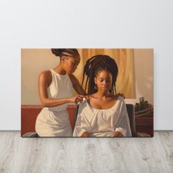 african american black woman getting hair braided, black art wall canvas, digital art, wall art canvas