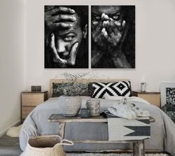 black african man, contemporary african art print on canvas, set of two, black and white wall decor, african art, mix me