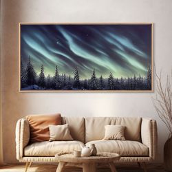 Aurora borealis over a snowy northern forest, canvas print, scenic winter landscape art, northern lights