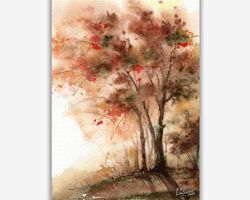 Autumn trees painting Fall wall decor Watercolor trees art Original watercolor painting Beautiful autumn forest red rowa