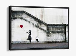 banksy red balloon girl -gallery wrapped canvas art print float frame, black, white, walnut, oak