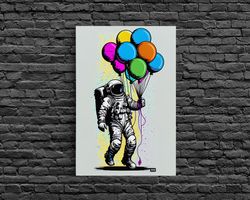urban wall art, banksy inspired, astronaut holding colorful balloons, framed canvas print, graffiti art