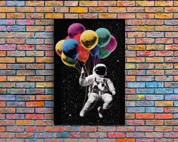 urban wall art, banksy inspired, astronaut holding colorful balloons, framed canvas print, graffiti art, space art