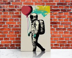 urban wall art, banksy inspired, astronaut holding colorful balloons, framed canvas print, graffiti art, space art-1