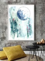 moon wild field poster, blue green landscape
