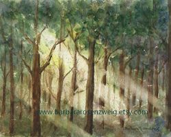 forest landscape watercolor painting, light beams in the woods wall art