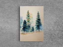 Mysterious Pine Tree Forest Watercolor Canvas Print - Nature Wall Art Home Decor Artwork, Framed Canvas Print