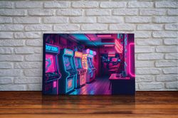 neon arcade, unique game room art, retrowave arcade machine art, framed canvas print, framed wall art  wall art
