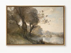 southandart vintage landscape framed print, riverside trees framed large gallery art, minimalist art ready to hang (with