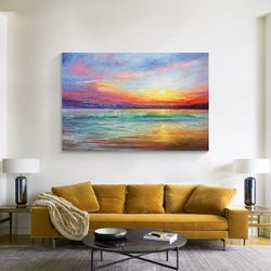 sunset glow over the blueocean, large sunrise peaceful seascape painting on canvas, textured colorful lounge wall art,