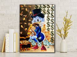 duck and dollar canvas painting, paint textured graffiti duck painting, dollar and money canvas painting